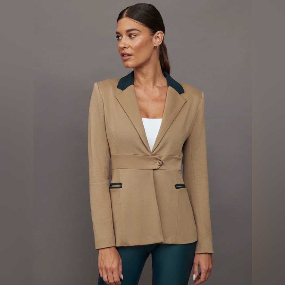 Carbon 38 Slim Tan One Button Blazer with Green Accent Collar and pocket trim - Picture 1 of 13